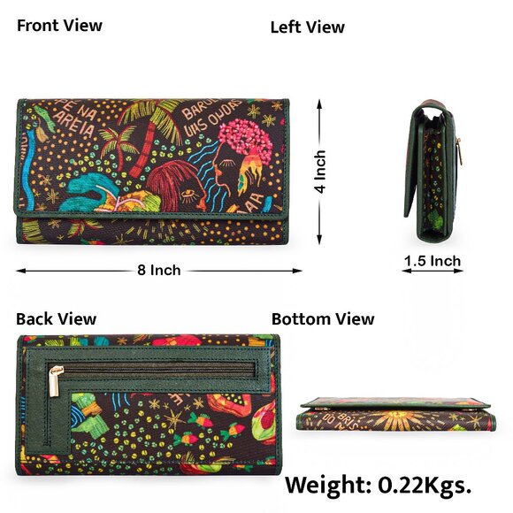 Green Printed Fabric Trifold Wallet & Card Holder – Women Organizer, ID Window - Picture 3 of 8